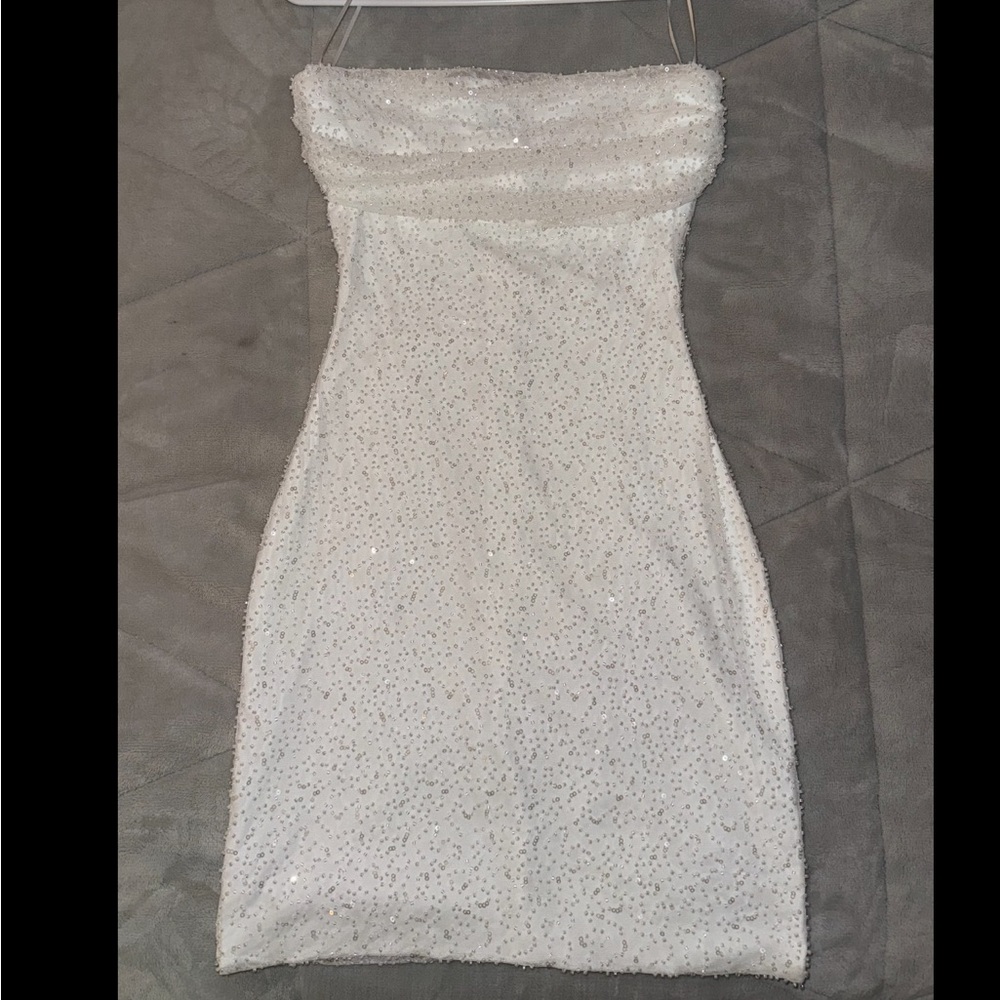 AKIRA White Sequin Strapless Sheath Dress